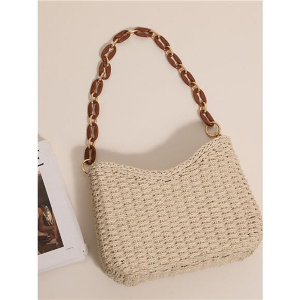A Classy Chic Boutique Cream Woven Shoulder Bag with Brown Chain Strap